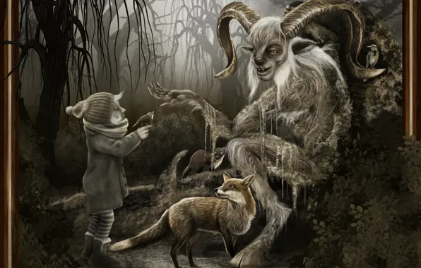 Forest, animals, boy, the devil, The way Faun, The wise Faun