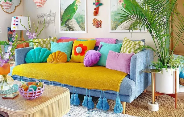 Design, style, interior, plants, pictures, sofa, living room, bright room
