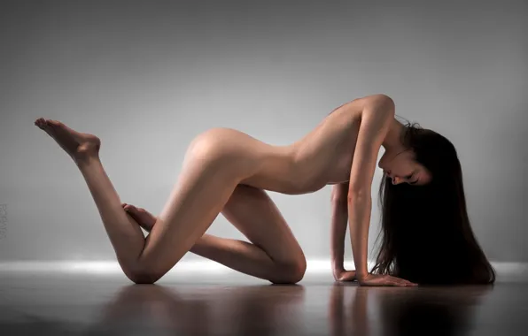 Naked, figure, brunette, hairstyle, on the floor, posing, sexy, Margo Amp
