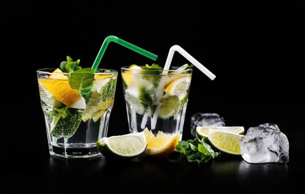 Lemon, lime, glasses, citrus, drinks, tube, lemonade, ice cubes