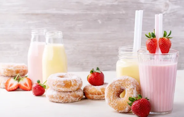 Berries, strawberry, cocktail, donuts, powdered sugar, milk, Roman Dbree