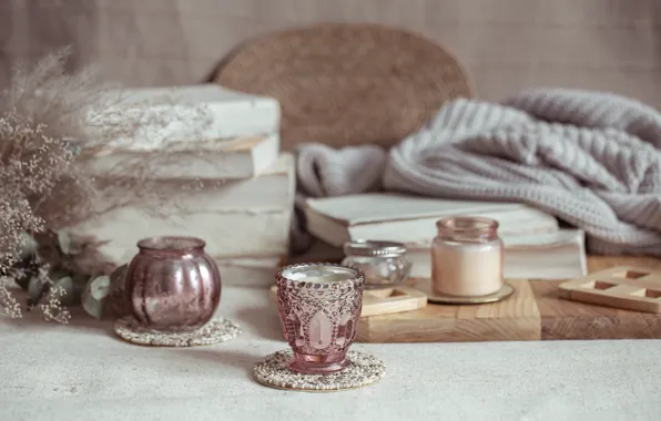 Comfort, table, books, candle, candles, items, a bunch, sweater