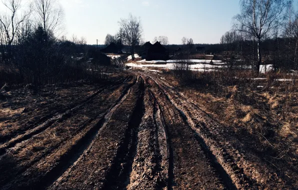 Road, morning, village