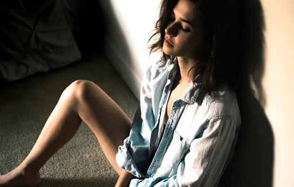 Girl, brunette, shirt, sitting