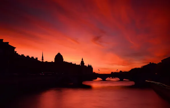 Picture the sky, clouds, sunset, bridge, the city, France, home, silhouette