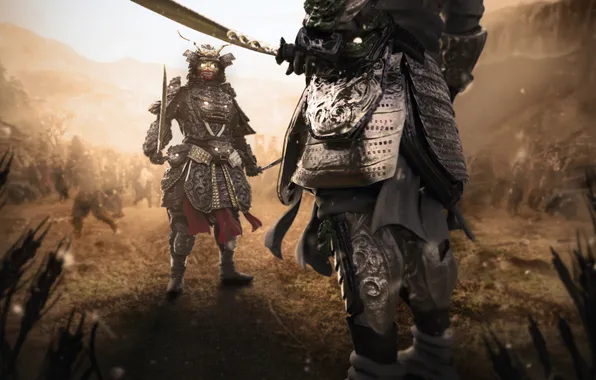 Sword, battle, warrior, mask, samurai, helmet, armor, battle