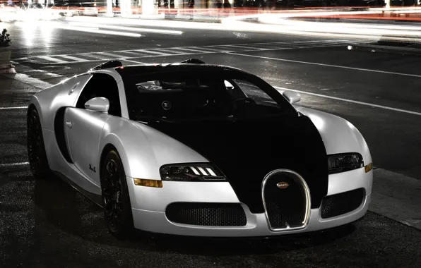 Picture city, Bugatti, veyron, light, white, supercar, black, night