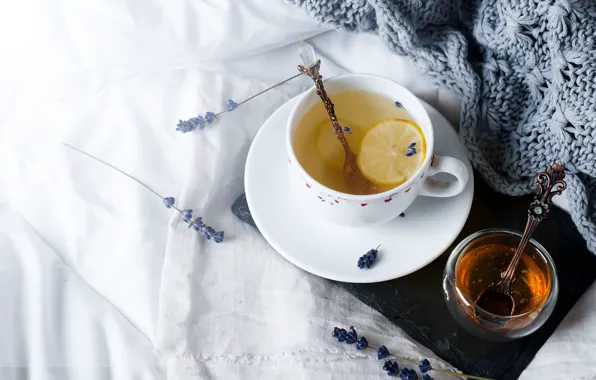 Lemon, tea, honey, Cup, lavender