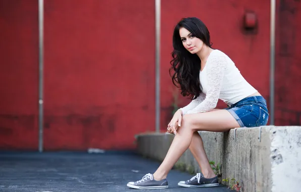 Picture girl, pose, shorts, sneakers, brunette, sitting, curls