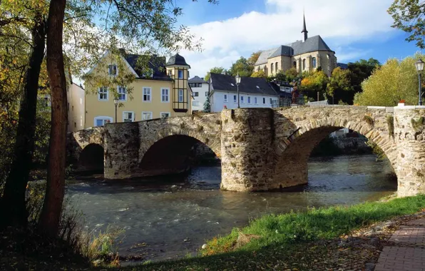 The sky, trees, bridge, river, home, town