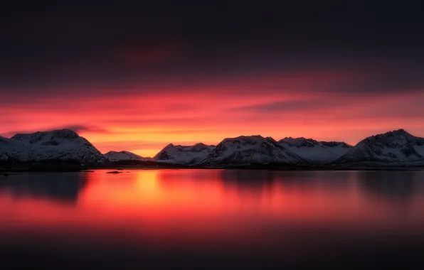 Snow, sunset, mountains, lake