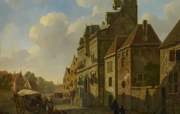 Trees, oil, picture, the urban landscape, City view in Dordrecht, John Schoenmakers