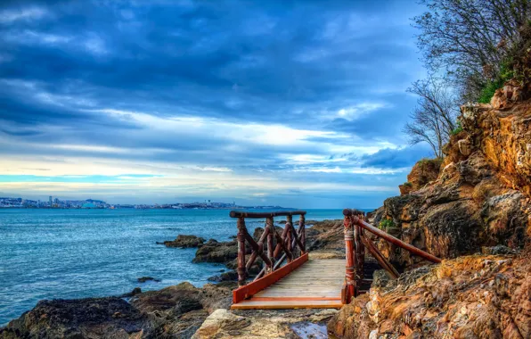 Sea, the sky, clouds, the city, rocks, Bay, the bridge, Spain