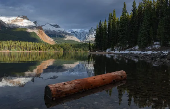 Winter, forest, the sky, light, snow, mountains, lake, reflection