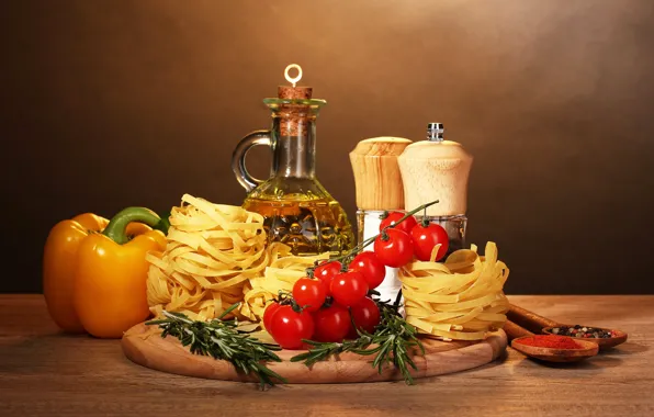 Oil, pepper, tomatoes, pasta