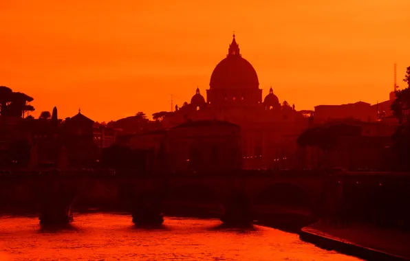 River, the evening, Rome, Italy, glow, St. Peter's Cathedral, The Tiber, Umberto Bridge