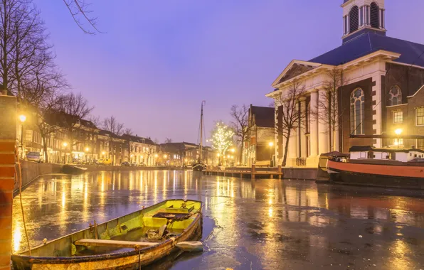 Lights, river, boat, home, the evening, yacht, boat, lights
