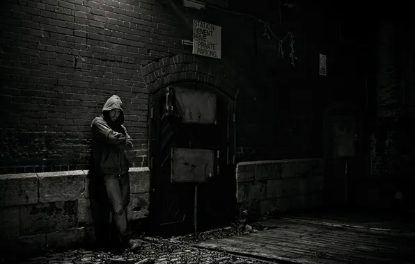 Look, night, street, man, waiting for, gateway