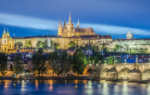Picture bridge, lights, river, home, Prague, Czech Republic, Vltava, St. Vitus Cathedral