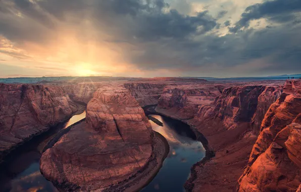 The sun, clouds, mountains, clouds, river, rocks, dawn, view