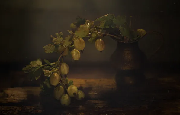 Glass, berries, pitcher, still life, gooseberry, bokeh