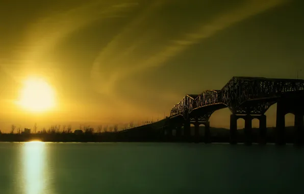 Bridge, river, sunrise