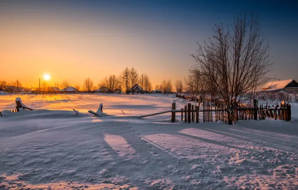 Winter, landscape, sunset, house