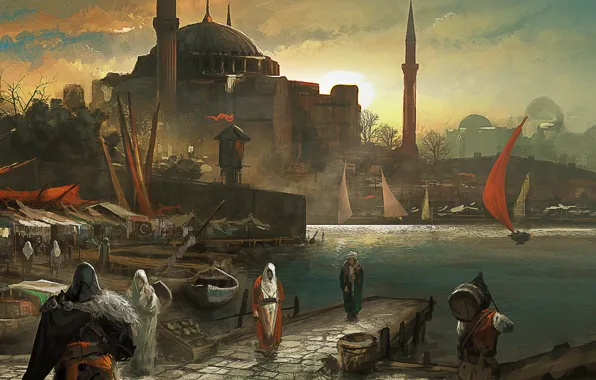 The city, market, assassin's creed, Ezio, revelations, Port, Constantinople