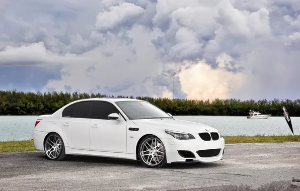 Sea, white, the sky, trees, clouds, shore, bmw, BMW