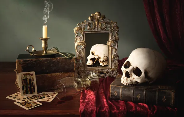 Picture card, glass, books, skull, candle, mirror, still life