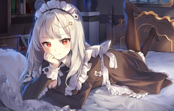 Picture red eyes, white hair, uniform, the maid, ruffles, bezel, black stockings, lying on the bed