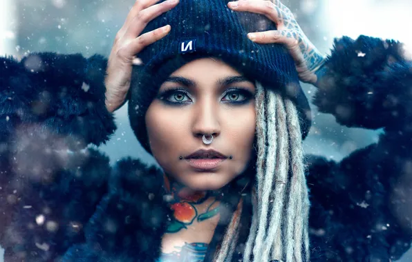 Girl, portrait, makeup, piercing, tattoo, Alessandro Di Cicco, Cold Lion