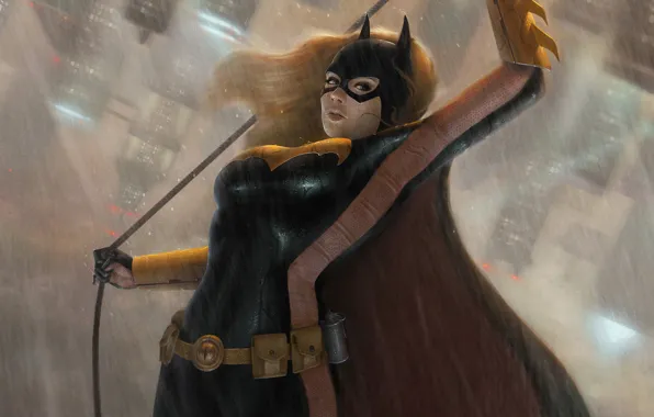 The city, rain, jump, Girl, mask, costume, cloak, superhero