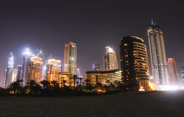 Beach, night, city, palm trees, home, Dubai, Dubai, night