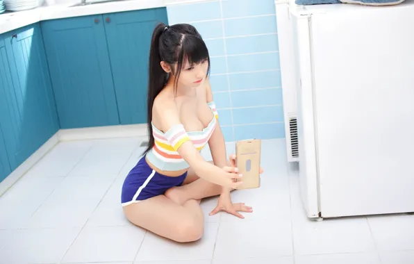 Picture girl, Asian, beautiful, morning, asian, asian girl, kitchen, 2021