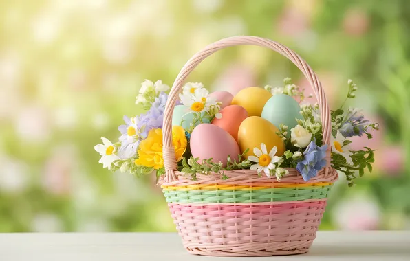 Flowers, holiday, chamomile, eggs, bouquet, spring, yellow, Easter
