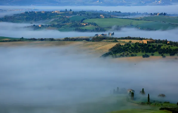 Picture trees, fog, house, hills, morning, Italy, Tuscany