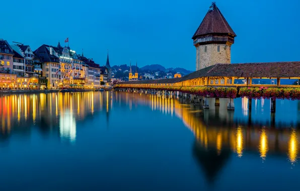 Bridge, reflection, river, building, tower, Switzerland, night city, Switzerland