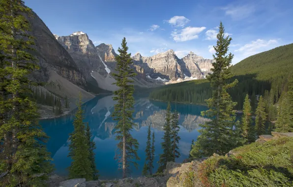 Forest, trees, mountains, Canada, Banff National Park, Canada, Moraine Lake, Valley of the Ten Peaks