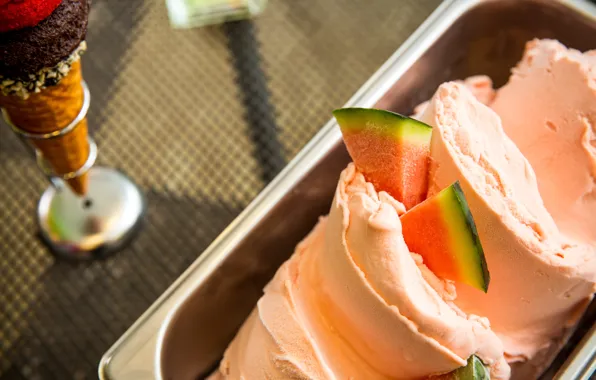 Table, watermelon, ice cream, tray, horn, slices, bokeh, bath