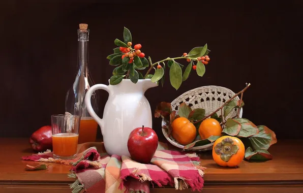 Berries, Apple, juice, pitcher, still life, shawl, persimmon