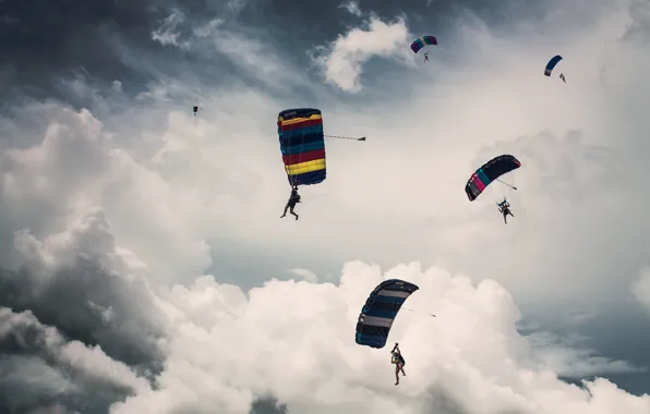 The sky, clouds, parachute, skydiver, skydiving