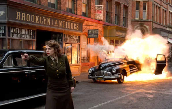 The explosion, gun, fire, street, form, car, The first avenger, Hayley Atwell