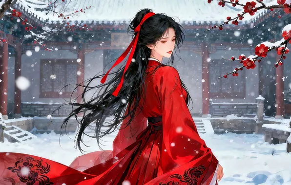 Picture girl, snow, brunette, asian, ai art