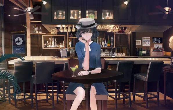 Picture look, girl, smile, table, bar, hat, dress, chair