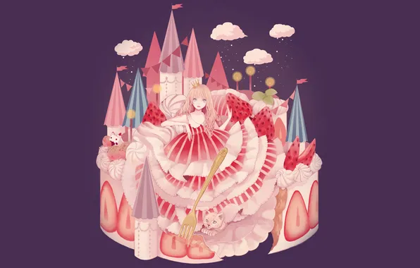 Girl, clouds, crown, strawberry, plug, Cake
