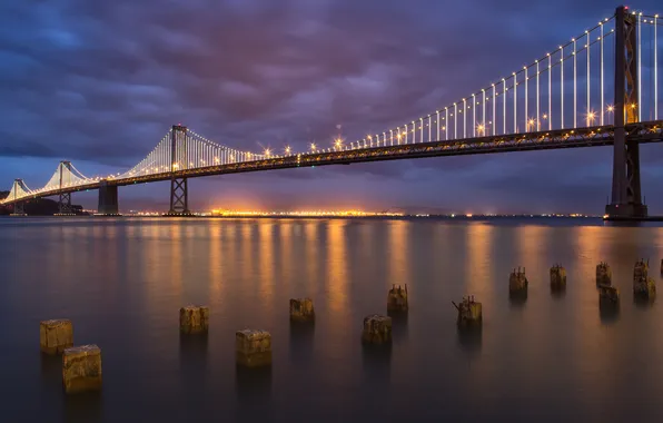 Picture bridge, lights, the evening, San Francisco, Bay Bridge, South Beach, Dusk
