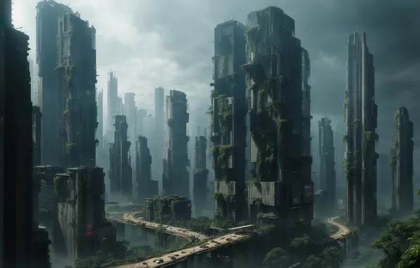 City, future, landscape, art, fantastic, cyberpunk, digital art, abandoned