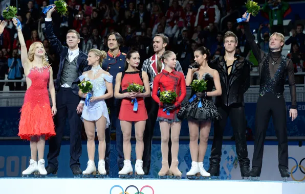 Gold, victory, Russia, pedestal, Ksenia Stolbova, Maxim Trankov, Dmitry Solovyov, Nikita Katsalapov