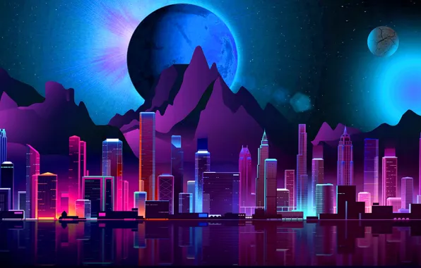 Picture light, mountains, the city, future, planet, neon, Neon, Retro Style